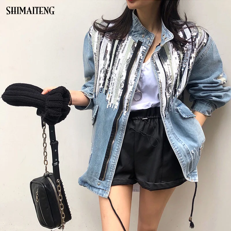 

2020 New Spring Sequins Denim Jacket Women Fashion Long Sleeves Coats Vintage Hippie Jeans Casua Bomber Jacket Colete Feminino