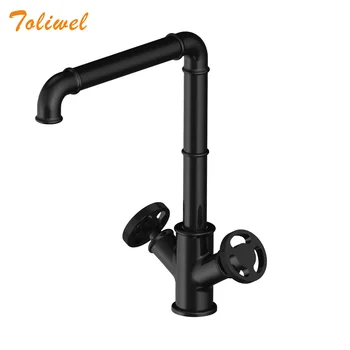 

Kitchen Faucets Retro Industrial Style Matte Black Brass Crane Bathroom Faucets Hot and Cold Water Mixer Tap torneira WF0033S