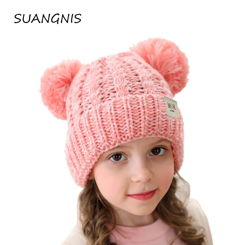 2019 новая зимняя шапка для девочек с помпонами модная однотонная Флисовая теплая