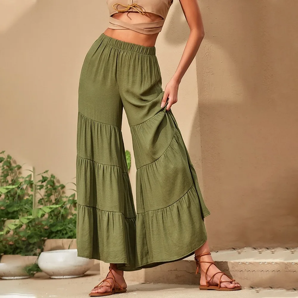 Waist Thin Wide Leg Pants Loose Cotton High Waist Pants Pleated Stitching Beach Pants Women Straight Trousers 2020 Summer New
