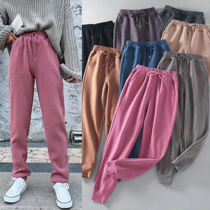 

Pink Women's Sweatpants Thicken Fleece Sportpants Elastic Wast Drawstring Harem Pant Joggers Loose Warm Trousers Za2020 Female