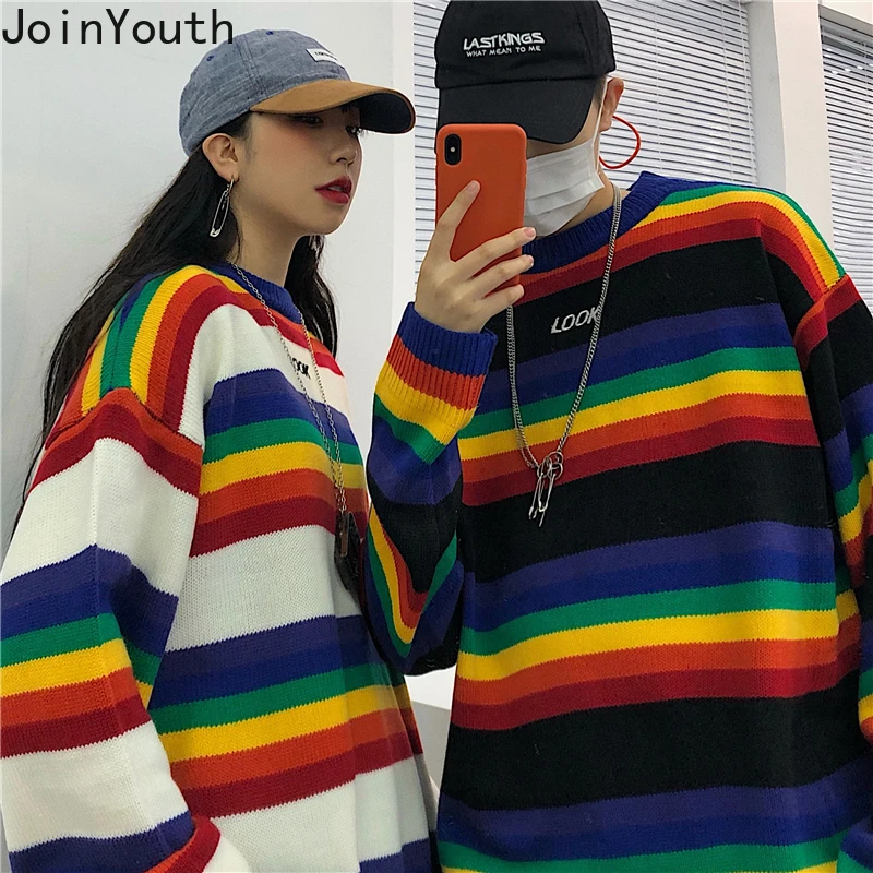 JoinYouth Harajuku, мужские и женские свитера, парные радужные полосатые пуловеры,, Осень-зима, со вставками, для студентов, Pull Femme J379