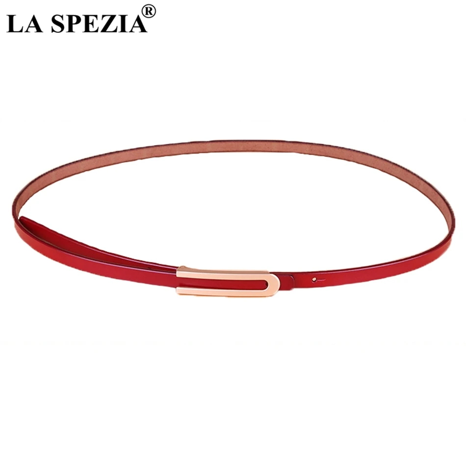 

LA SPEZIA Red Genuine Leather Women Belt Smooth Buckle Ladies Dress Belt Real Leather Cowhide Thin Fashion Female Belt 105cm
