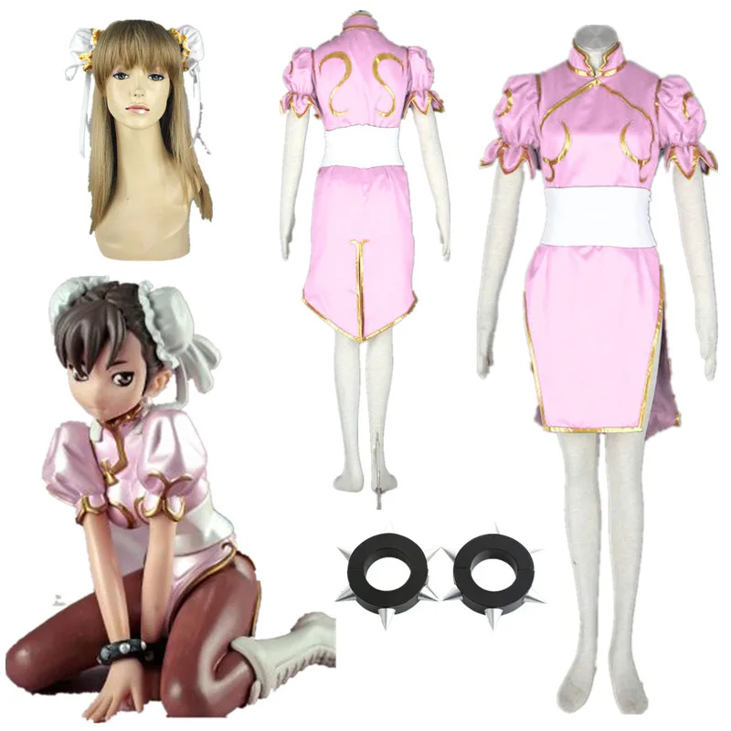 

Pink Chun-Li Faux Leather Pink cheongsam Fighter Cosplay Costume Halloween