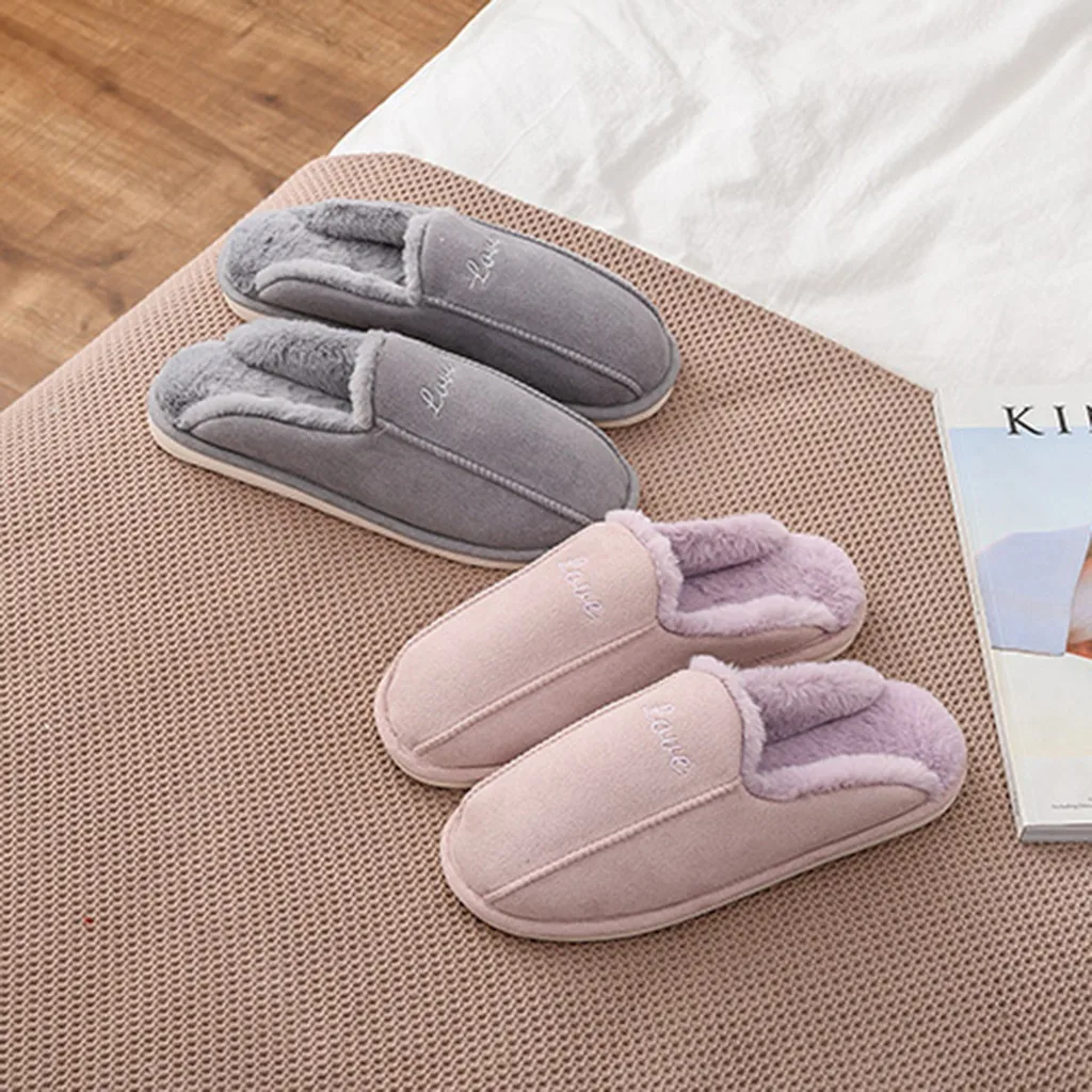 

Winter Women Home Slippers with Faux Fur Fashion Warm Shoes Woman Slip on Flats Female Slides Velvet Plus Grey Pink Slippers
