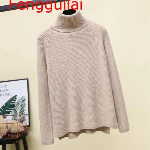 

Fengguilai Basic Turtleneck Sweater Autumn Winter Solid Loose Pullover Sweater Women Black White Khaki Blue Sweaters