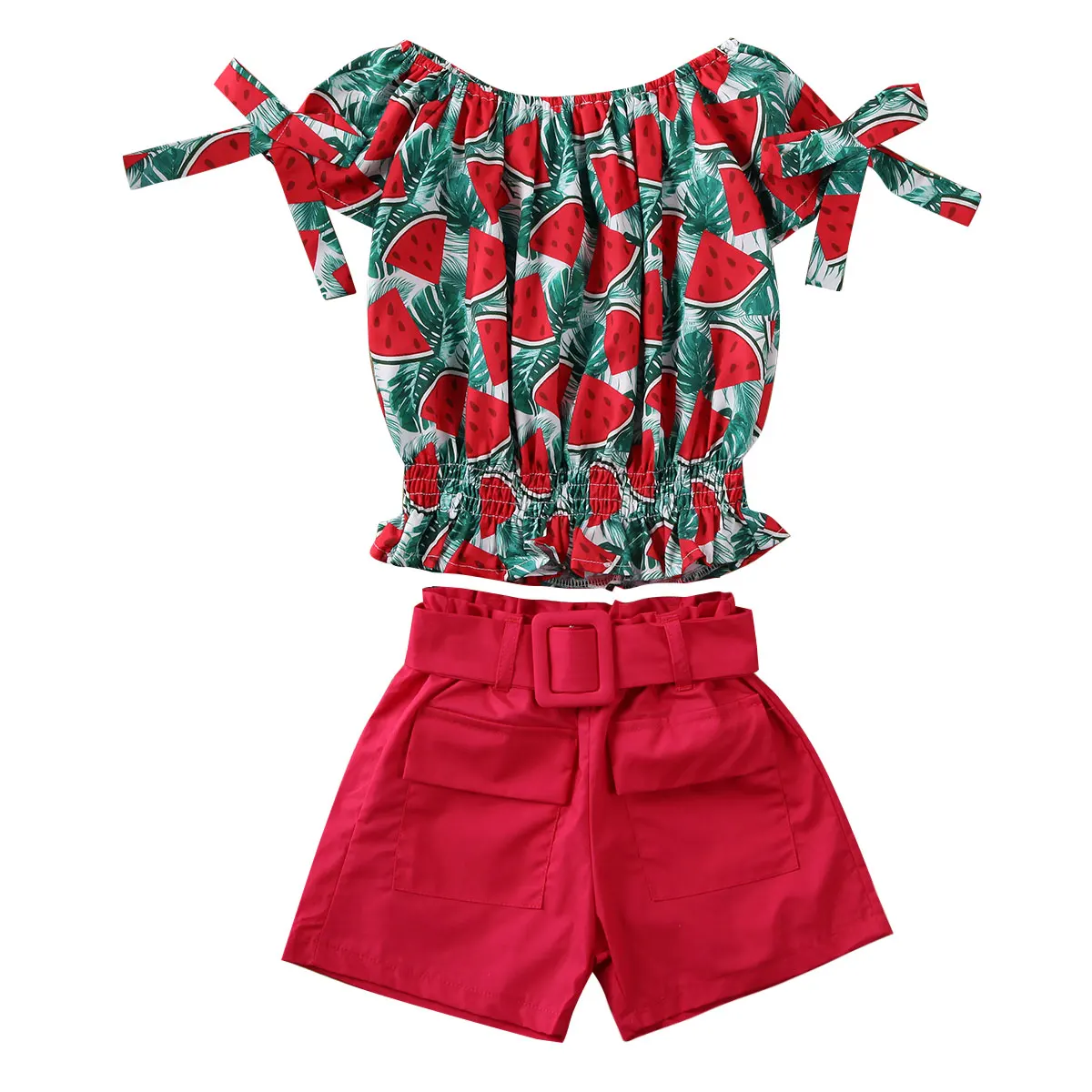 Комплекты одежды из 2 предметов для маленьких девочек От 2 до 7 лет топы с открытыми плечами с цветочным принтом и шорты 2 цвета - Цвет: Красный