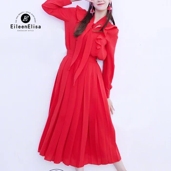 

Red Long Dresses 2020 Spring Ruffles Pleated Dress Elegant Female Vestidos