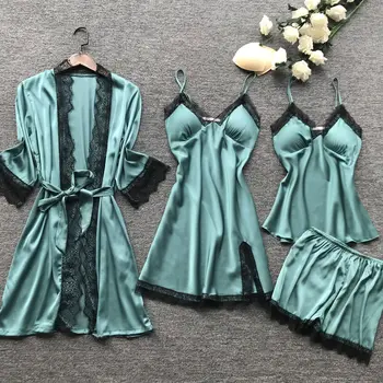 

4 PCS Women Pajamas Sets Sexy Sleepwear Faux Silk Nightwear Pyjama Spaghetti Strap Lace Casual Sleep Homewear With Chest Pads