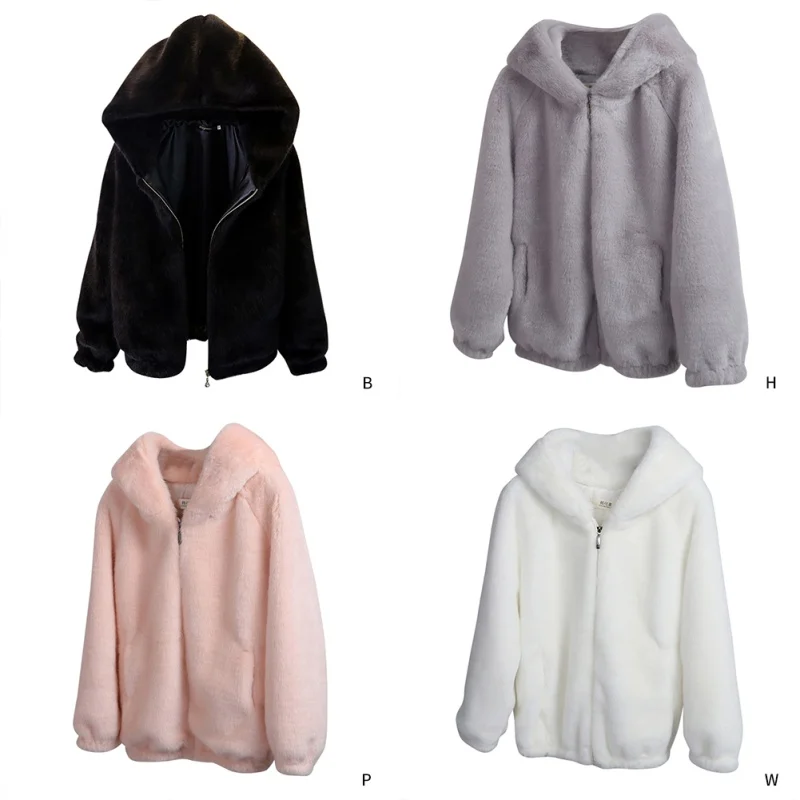Wholesale Furry Jacket Winter Warm Female Hooded Plush Jacket Solid White Fur Zipper Hooded High Street Jacket Women