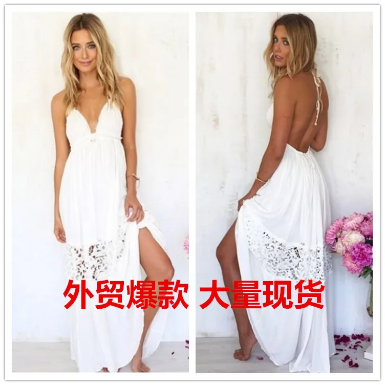 

Women Fasion Sexy Strapless Halter Lace Stitched Dress Long Beach Dress Lady Stylish Bohemian Dress Women White Backless Dress
