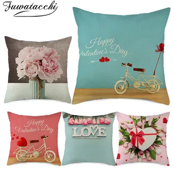 

Fuwatacchi Rose Linen Cushion Cover Valentine's Gift Flowers Pillow Cover for Home Chair Sofa Decorative Pillowcases 45x45 Cm