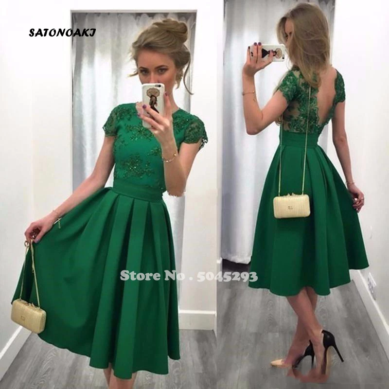 

SATONOAKI Hot Sale Green Short Cocktail Party Dresses Tea Length A-Line with Short Sleeve Open Back Sequin Lace 2019 Prom Gowns