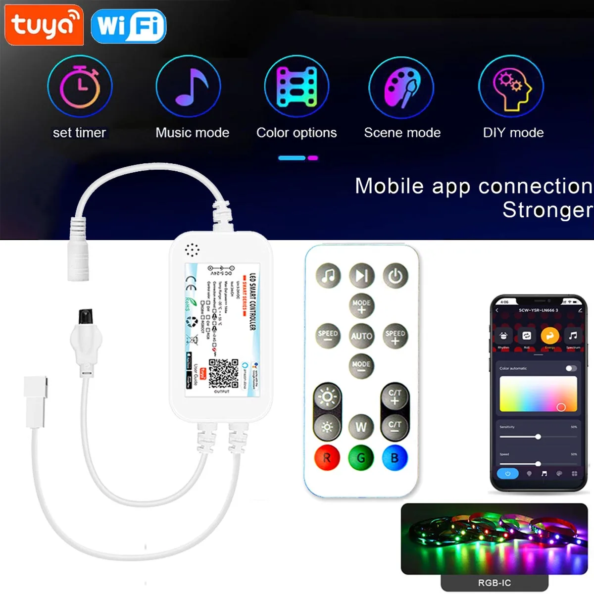 

Smart Tuya Wifi Dream Color Controller+16Key Remote 12V 2811/5V 2812 RGBIC LED Strip Light Pixel Control Dimmer for Alexa Google