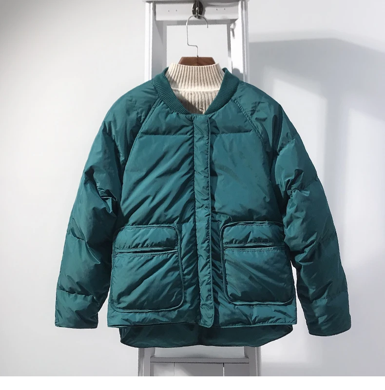 Зимняя бейсбольная куртка-пуховик Tina XTN18516, женский короткий зимний корейский стиль, со стоячим воротником, свободный крой, толстый белый утиный пух