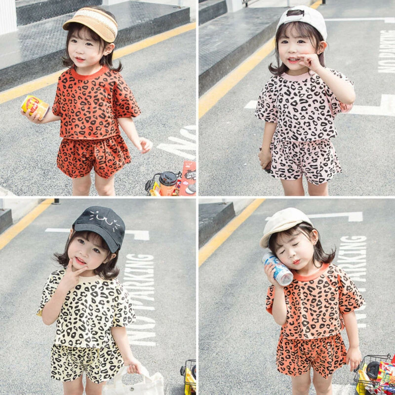 Toddler Kids Baby Girl Summer Outfits Short Sleeve T Shirt Top Leopard Shorts Pants Clothes Set