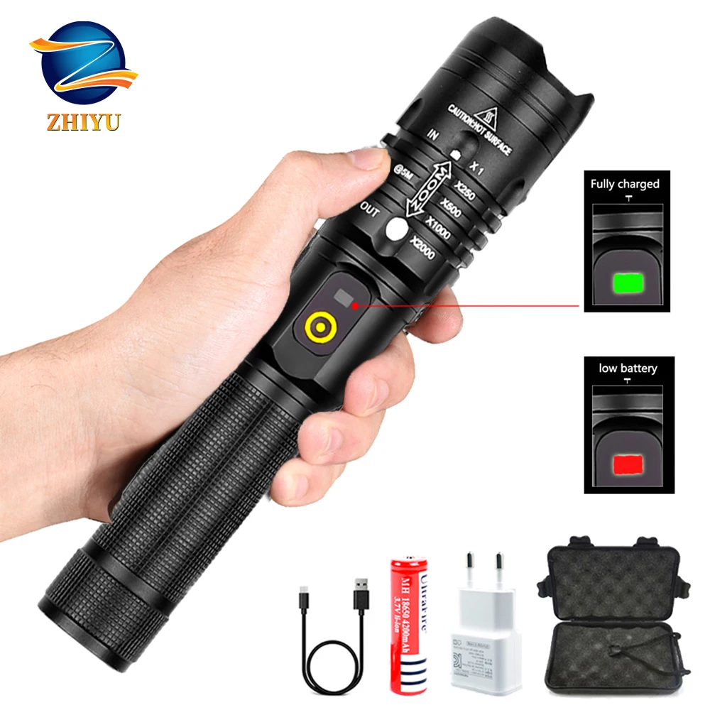 

ZHIYU Super Bright LED Flashlight CREE XHP50 Tactical Electric Torch USB Rechargeable Zoomable 5 Modes Torch Waterproof Torch