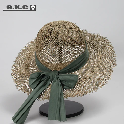 Korean knitted straw hat for women travel beach hats women with bow sun protection caps for ladies summer hats wide brim hat - Color: green bow