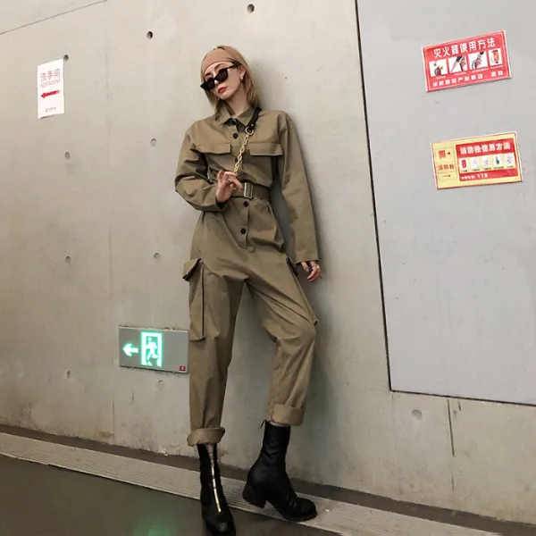 Streetwear Sashes Rompers Women Long Sleeve Jumpsuit Combinaison Femme Autumn Ladies Casual Pockets Cargo Overalls - Цвет: Хаки