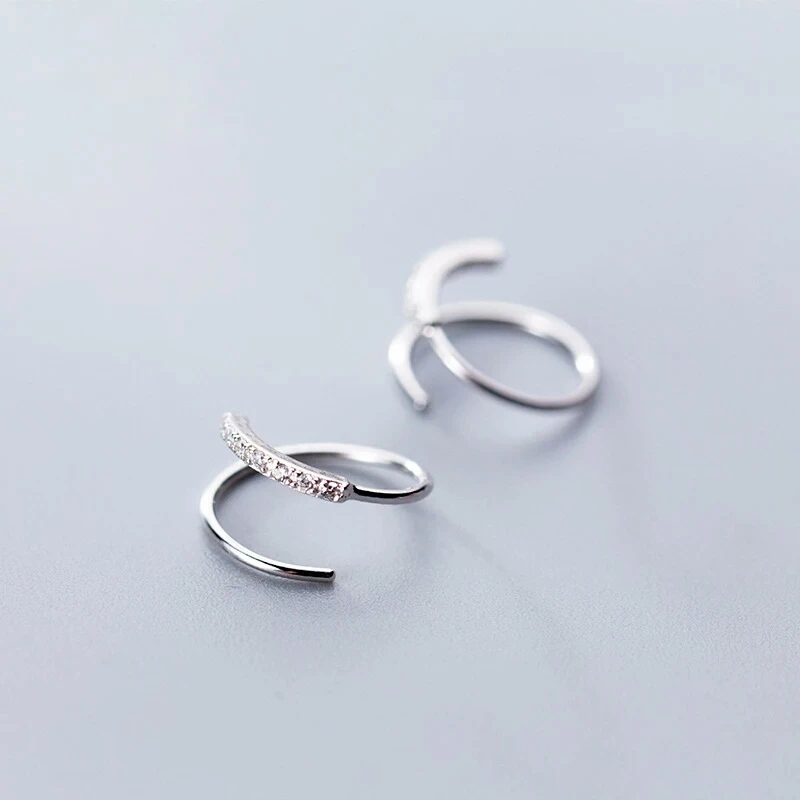 

100% 925 Sterling Silver Small Ear Bones Ear Buckle Ring 10mm With CZ Tightly Packed Mini Double Ring Earrings G1782