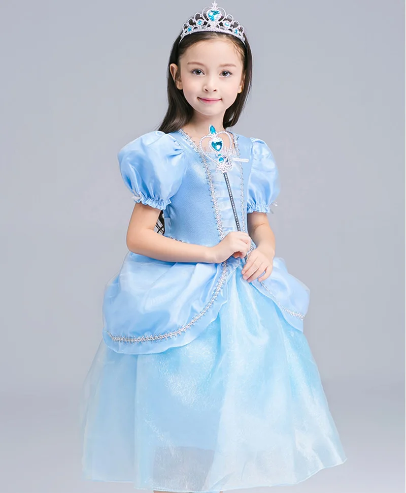 Платье Золушки для девочек; голубой костюм для выпускного бала для малышей; детское бальное платье принцессы; одежда с фильмами «живое действие»; наряды средней длины для свадебной вечеринки