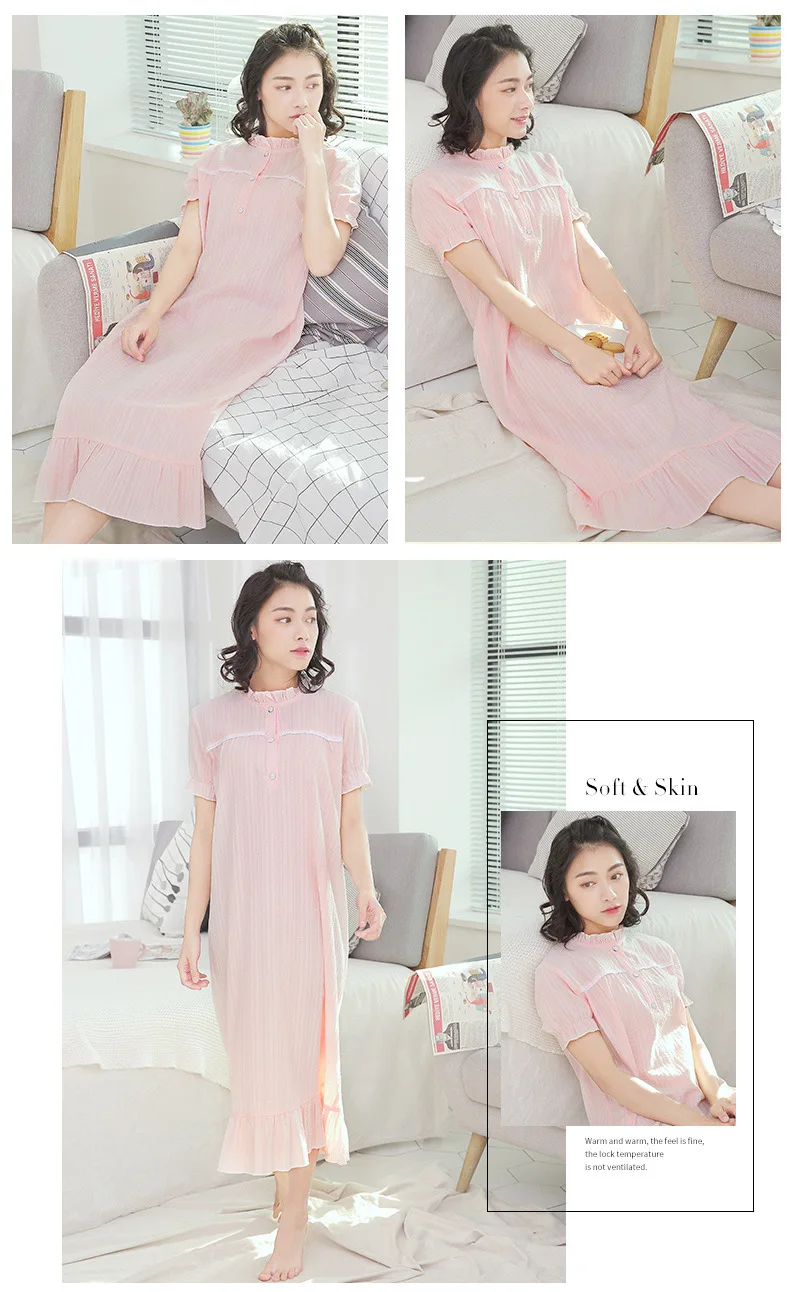 New Summer Women Sleepwear Short Sleeved Sleeping Skirt Nightgowns Fresh Sweet Palace Nightgowns Cotton Length Dress