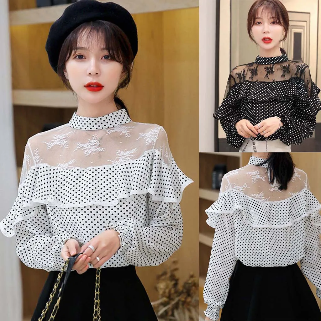 2022 Fashion Women's Chiffon Blouse Top Polka Dot Printed Long Sleeve Turtleneck Female Lace Hollow Out Casual Blouse