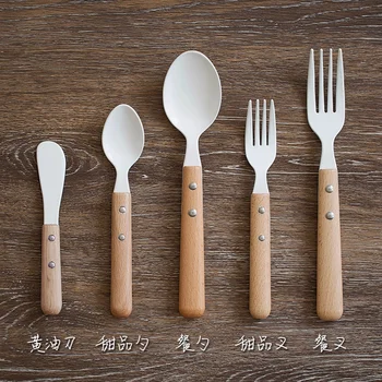 

Ceramic Fork Spoon Knife Set Wooden Handle Dinner Set Eco Friendly Japanese Tableware Salad Cutlery Bestek Dinner Set AC50CS