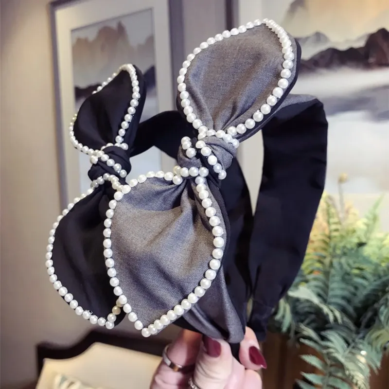 

Boutique Hair Accessories Korean Non-slip Teeth Hair Band Pearl Rhinestones Bow Rabbit Ears Wide Side Headband