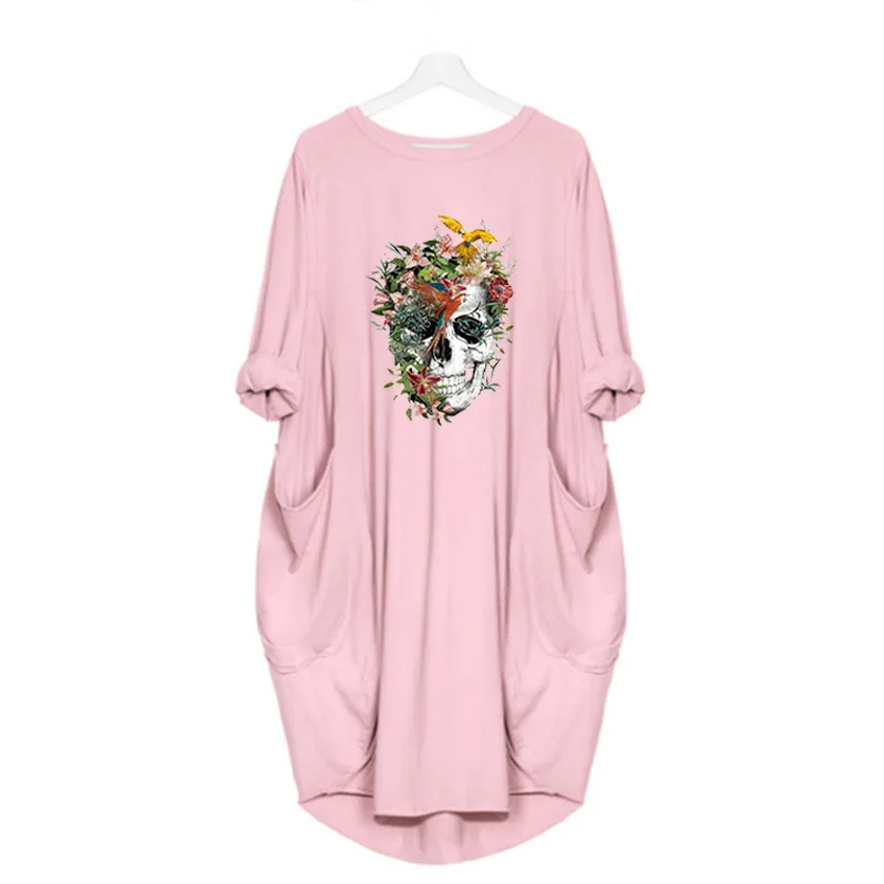

Skull Print Female Vestidos Long Sleeve o Neck Pocket Casual Loose Streetwear Fashion Autumn Vintage Plus Size Midi Dresses Robe