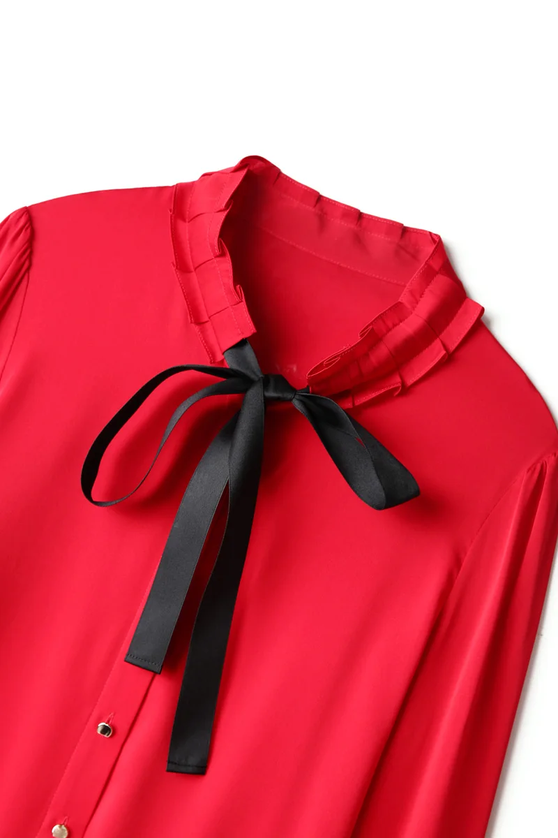 Женские Модные Подиумные шелковые рубашки со стоячим воротником и оборками на шнуровке с длинными рукавами Элегантная Повседневная рубашка блузка