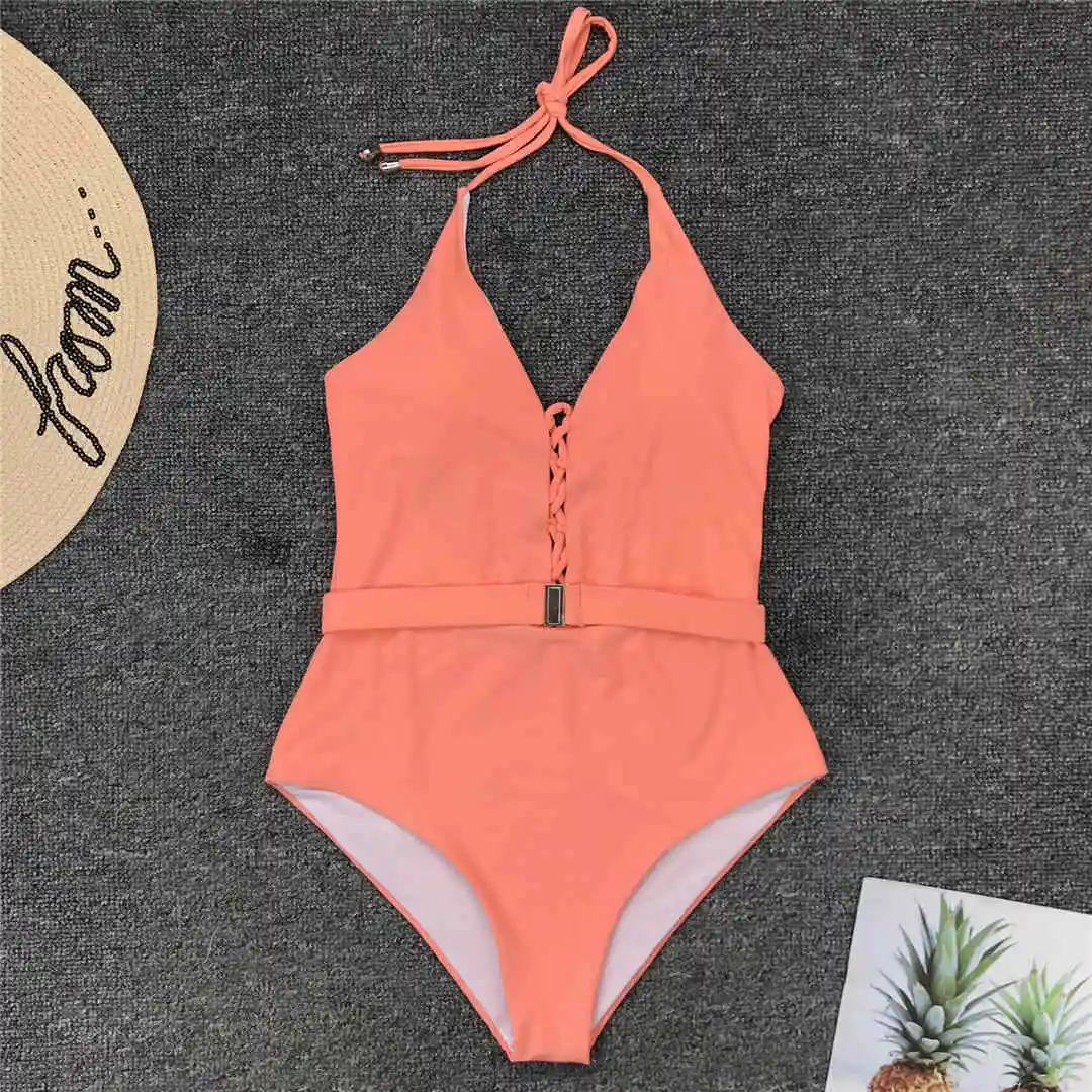 7 Colors Sexy Halter V Neck Lace Up Women Swimwear One Piece Swimsuit Female Bather Bathing Suit Swim Lady With Belt V1762 - Цвет: Orange Pink