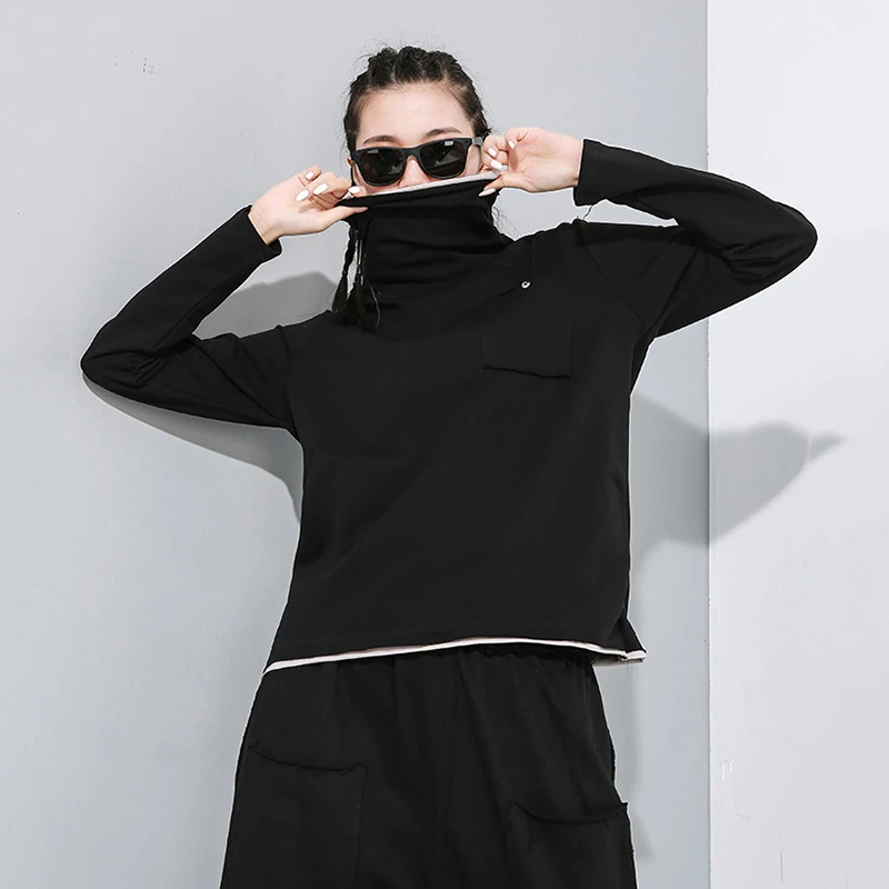 [EAM] Женская Черная футболка с разрезом и карманом, новая модная Водолазка с длинным рукавом, весна-осень, 1N196
