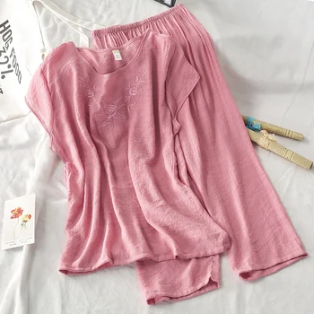 

India folk 2020 summer new women pant sets cotton and linen solid o-neck t-shirts and wide leg pants lady elegant pants sets