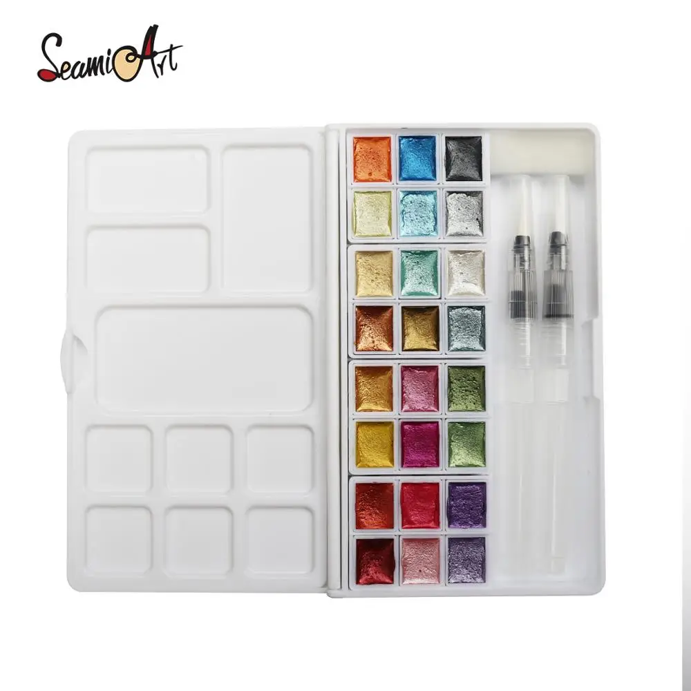 SeamiArt Pearl Watercolor Pigment 24Color Solid Metallic Water Color Paint Set for Drawing Illustrations Art Supplies