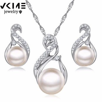 VKME Trendy Jewelry Sets Wedding Silver Color Earrings Simulated Pearl Jewelry Set Women Necklace Set Bijoux collier brincos