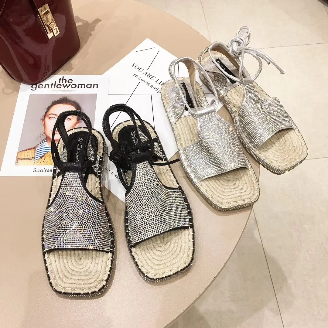 

Ozhouzhan Summer New Style Man-made Diamond Full of Crystals Cross Straps Anklet-Peep-Toe Sandals Flax Flat Top Shoes WOMEN'S Sh