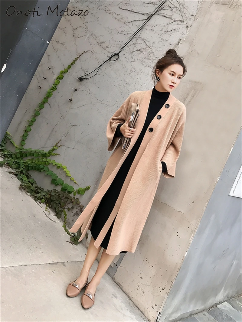 Onoti kimino cardigan buttons lantern sleeve pockets open stitch knitted sweater office ladies casual autumn winter outfit 2020