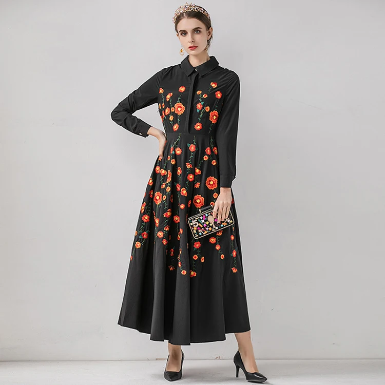 SEQINYY Long Dress Autumn Winter New Fashion Design Women Long Sleeve Orange Flowers Embroidery Elegant Black Dress