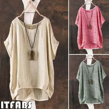 

Women Summer Fit O Neck Turn Up Sleeve Top Loose Solid Color Batwing Casual T Shirt Top