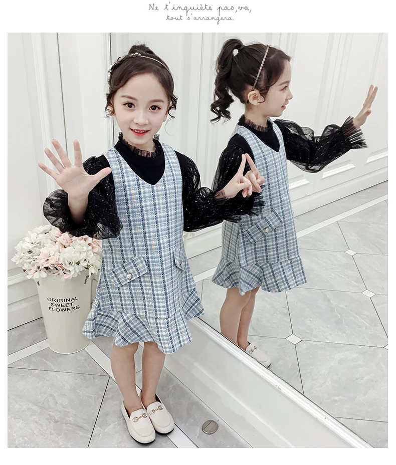 2 предмета, одежда для детей, комплект для девочек, клетчатое платье+ блузка, клетчатое платье без рукавов, детская одежда для девочек, платье, детская одежда для девочек