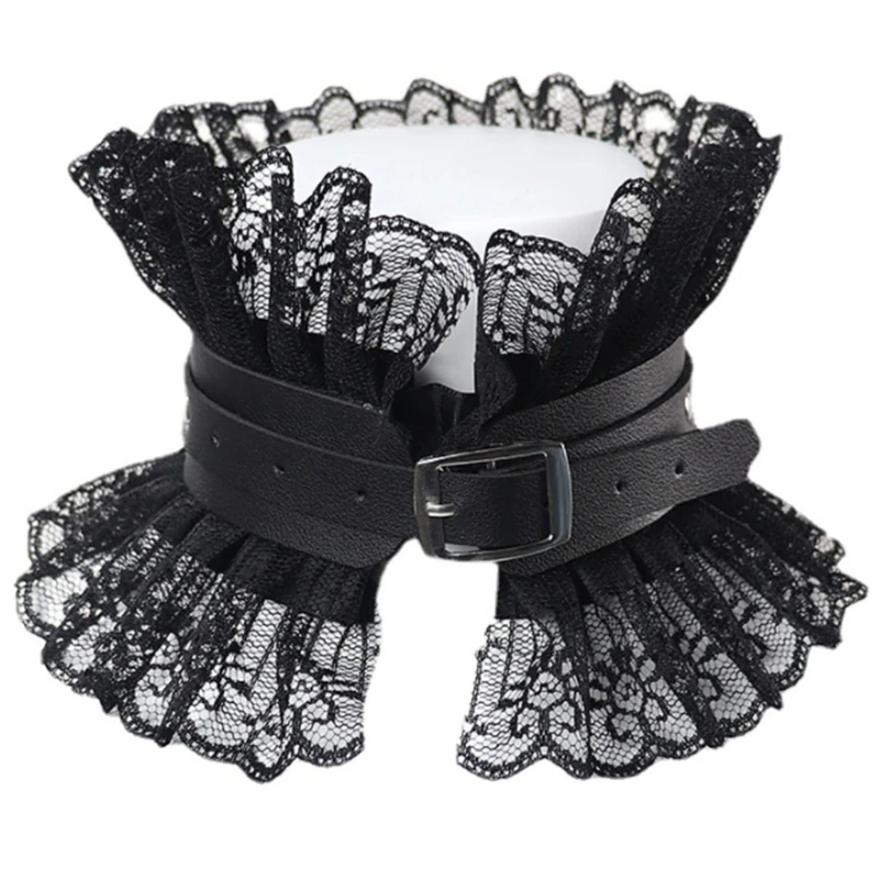 Женский винтажный воротник принцессы, готический черный воротник из искусственной кожи с оборками и цветочным кружевом, ожерелье-чокер в викторианском стиле, Лолита, украшение на шею F3MD