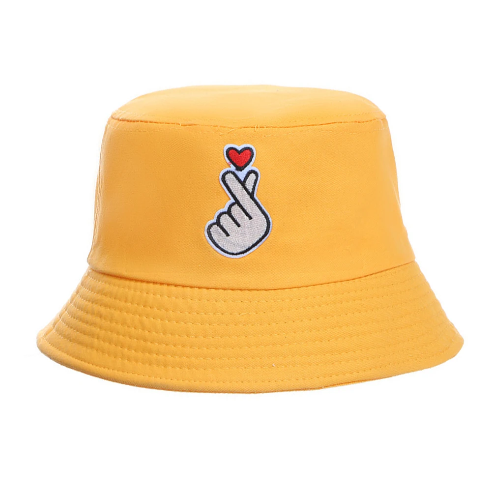 Folding Snap Finger Heart Embroidery Unisex Outdoor Bucket Cap Fisherman Sun Hat