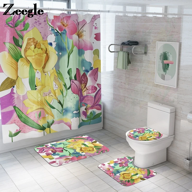 Floral Home Decor Bath Mat and Shower Curtain Set Bathroom Shower Room Toilet Rugs and Bath Curtain Set Non-slip Bathroom Mat