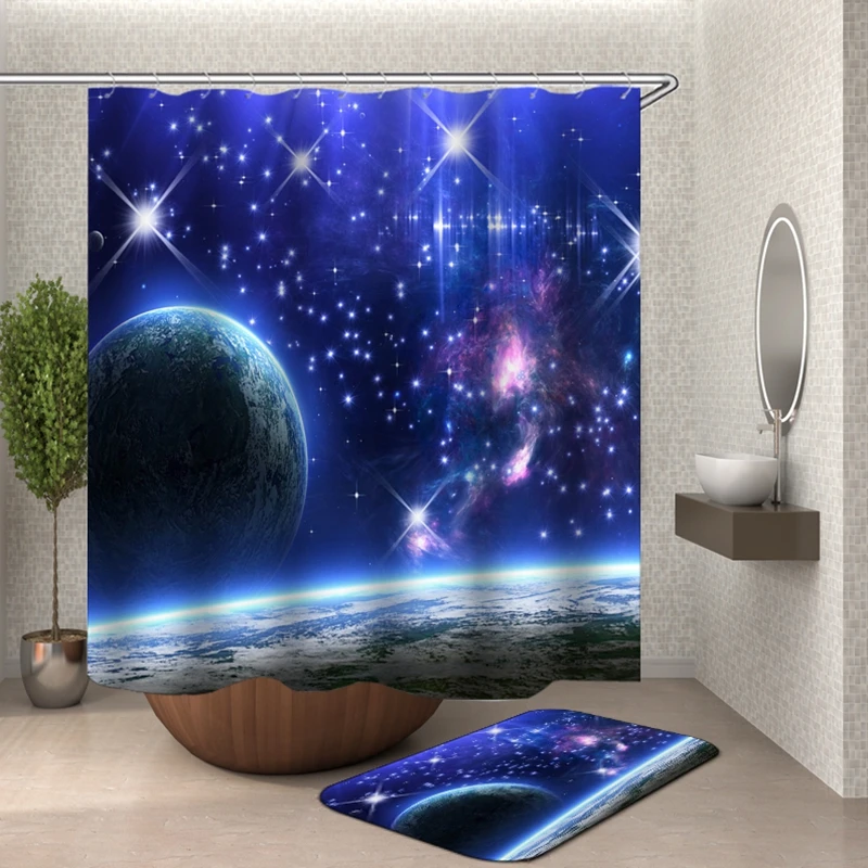 Космическая занавеска для душа, ткань, 3d занавеска для ванной комнаты, синие занавески с крючками для ванной комнаты, водонепроницаемая занавеска для ванной или коврик