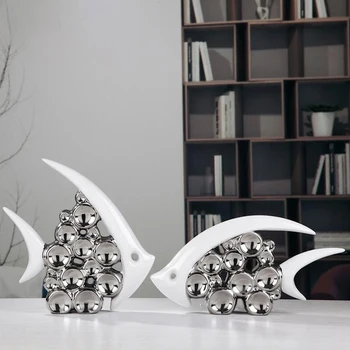 

Bouble Couple Kiss Fish Vase Livingroom Ornament Decoration Silver Plated Ceramic Modern Europe Furnishing Articles Office Home