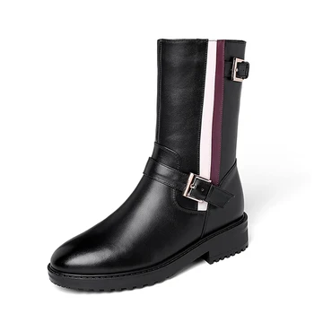 

black fashion autumn winter boots women zip cross tied mid calf boots square heel classic ladies genuine leather boots