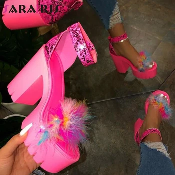 

SARAIRIS Ins Female Snake Print Fashion Party Bridal Sandals Platform Sandals Women Artificial Hair Block Heels Shoes Woman