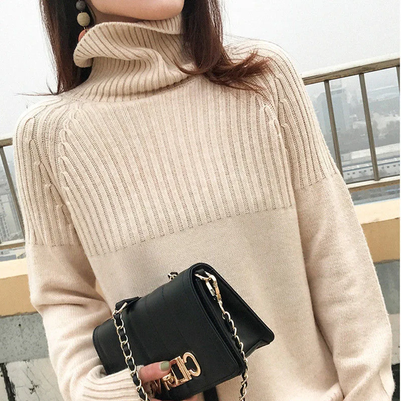 

Autumn Winter Women Knitted Turtleneck Sweaters 2023 Casual Basic Solid Rib Knit Oversize Pullover Long Sleeve Loose Jumper Tops