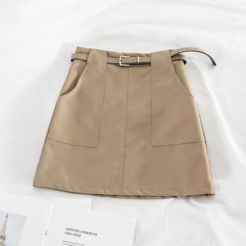 Осенне-зимняя женская модная однотонная мини-юбка с поясом и карманом из искусственной кожи, городская Женская Сексуальная короткая юбка с высокой талией длиной выше колена